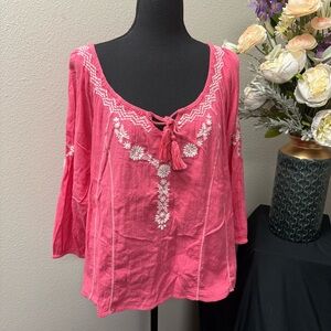 Mudd Pink Embroidered Boho Peasant Top L Tassel Tie 100% Cotton Festival